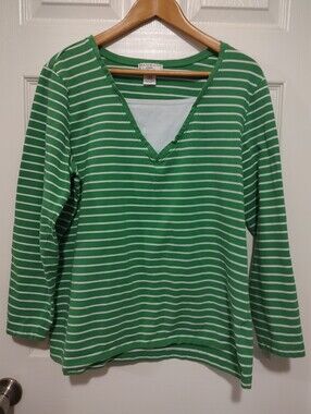 Hannah Green and White Striped Long Sleeve V-Neck Top